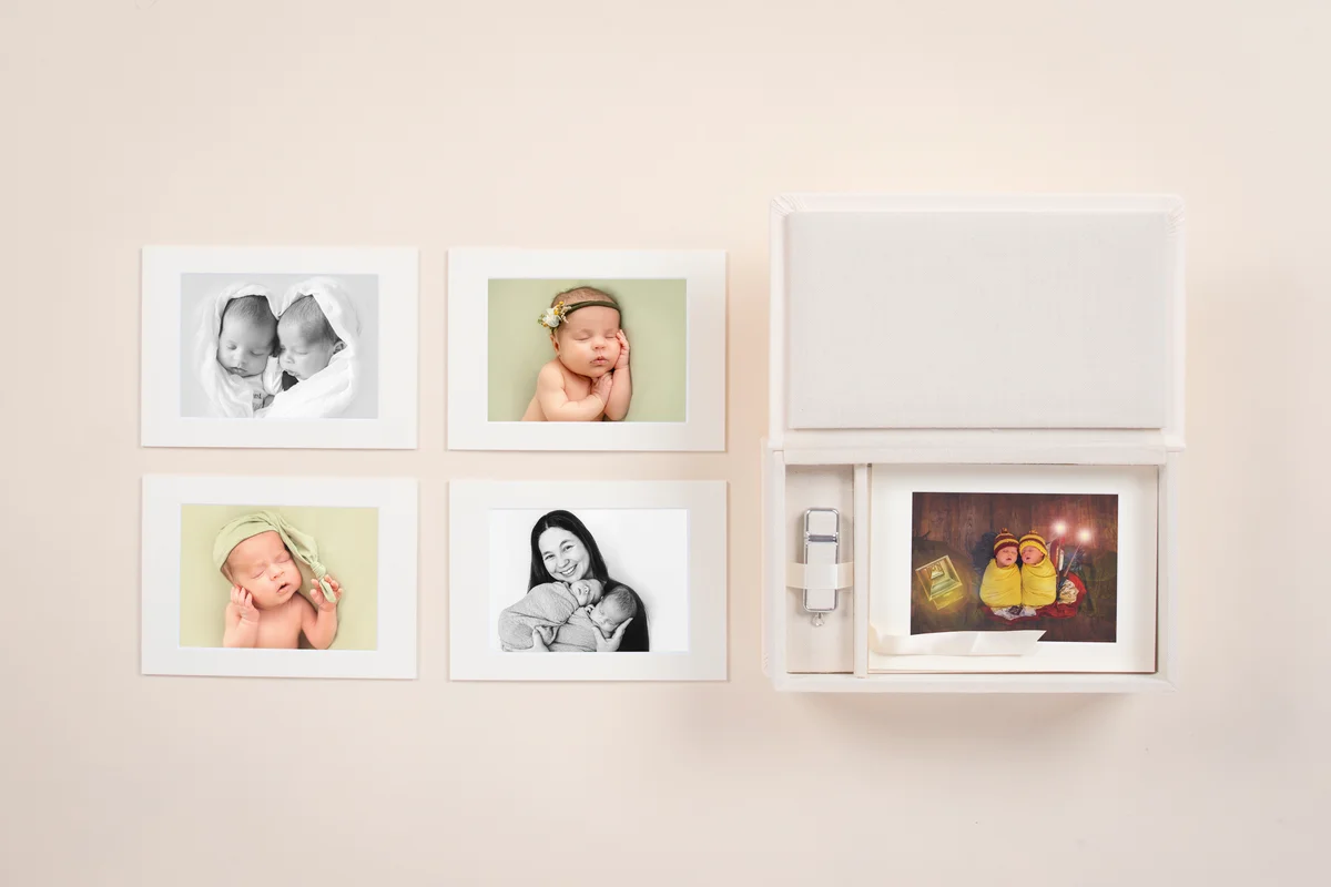 Newborn folio box with matted prints and USB