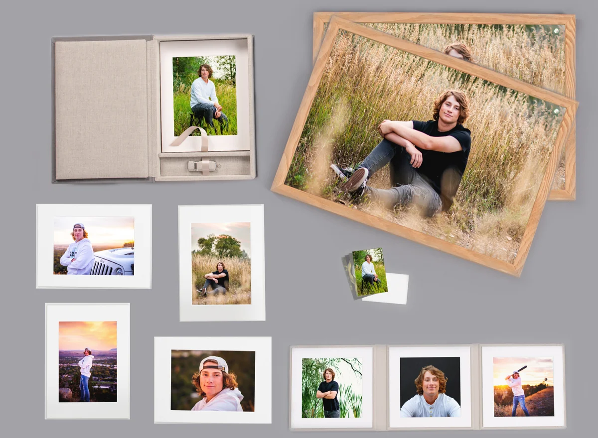 Senior portrait print collection with folio box, wall art, and trifold